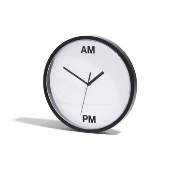 An analog clock with only two symbols instead of twelve: the symbols read 'AM' and 'PM'.
