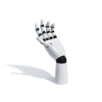 A robotic hand with the palm facing upward.