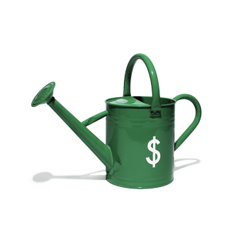 A green watering can with a dollar sign painted on it.