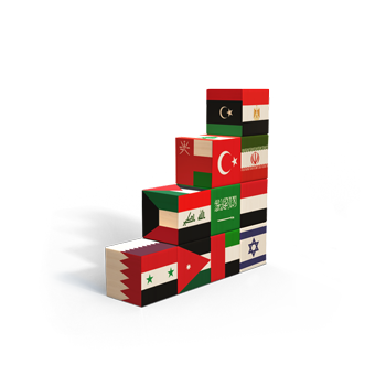A set of building blocks, each decorated with a flag of a country in the Middle East.