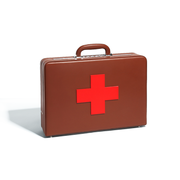 A briefcase with a red cross on the front.